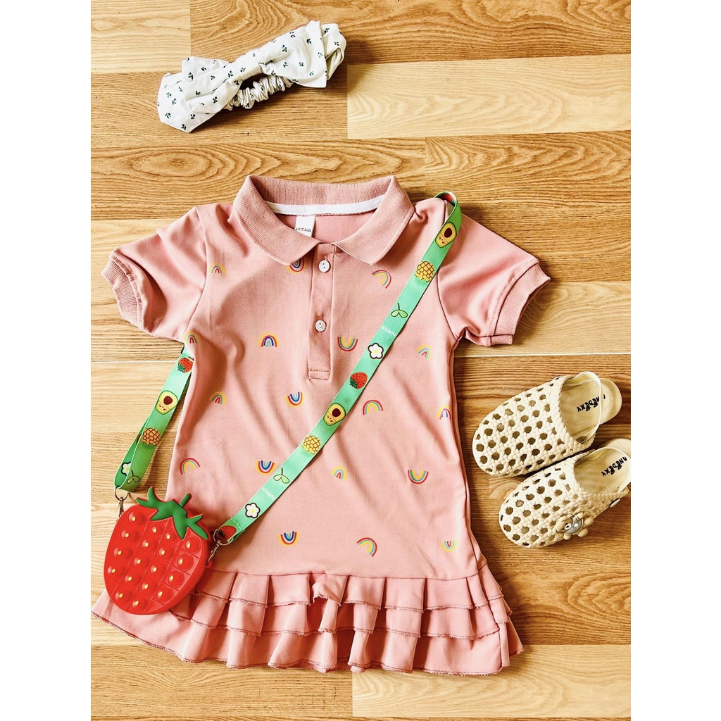 Váy Polo Hồng Cổ Bẻ in Hình Cầu Vồng Cho Bé Gái