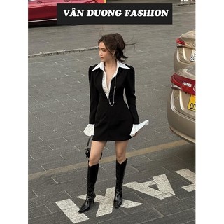 Váy phối sơ mi cổ đức tay bèo siêu xinh ( không kèm belt)phong cách sang chảnh VANDUONGFASHION