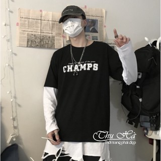Áo phông nam nữ form rộng tay lỡ Thu Hà áo thun unisex chất liệu mềm mát co giãn in chữ Champs