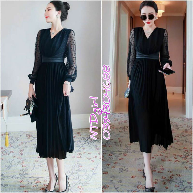 Hàng nhập - Đầm dáng xòe vintage cổ V chấm bi tay dài, váy dự tiệc voan phối ren lưới tùng xếp li