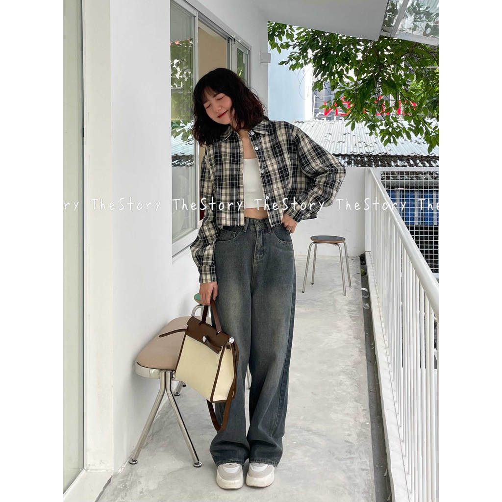 Áo sơ mi caro tay dài dáng croptop  A2843