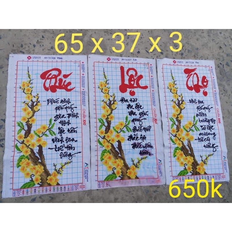 (Đã Thêu 7) Tranh Thêu Phúc Lộc Thọ Mai Vàng