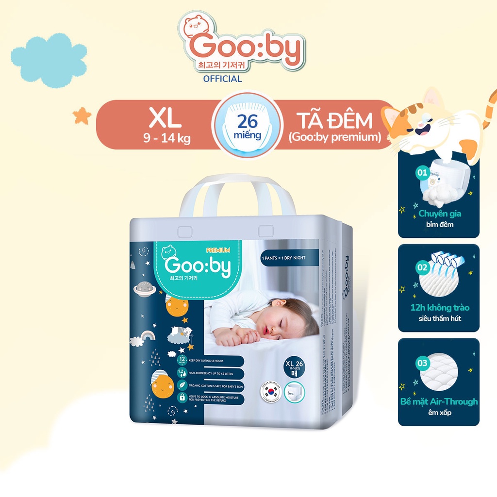 Tã/bỉm quần Gooby Premium - Chuyên gia bỉm đêm, chống trào đến 12h size M/L/XL/XXL cho bé từ 6kg - 24kg