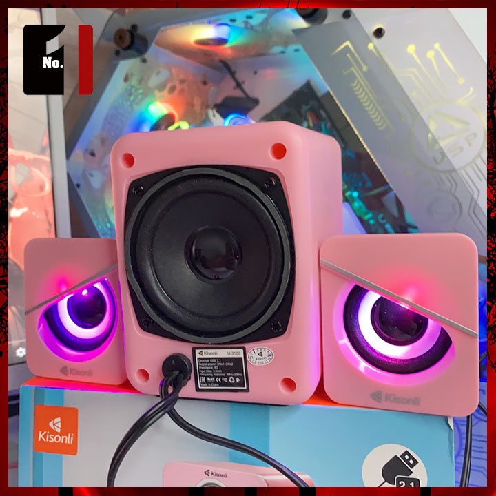 Loa Máy Tính Để Bàn Mini 2.1 Kisonli U-3100 Màu Hồng Led Rgb Loa Vi Tính Laptop Nghe Nhạc Có Dây