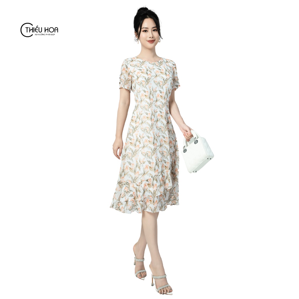 Đầm thiết kế cho nữ trung niên, che khuyết điểm cực tốt, phù hợp dự tiệc, vải voan hoa cao cấp mềm mịn Thiều Hoa L1006