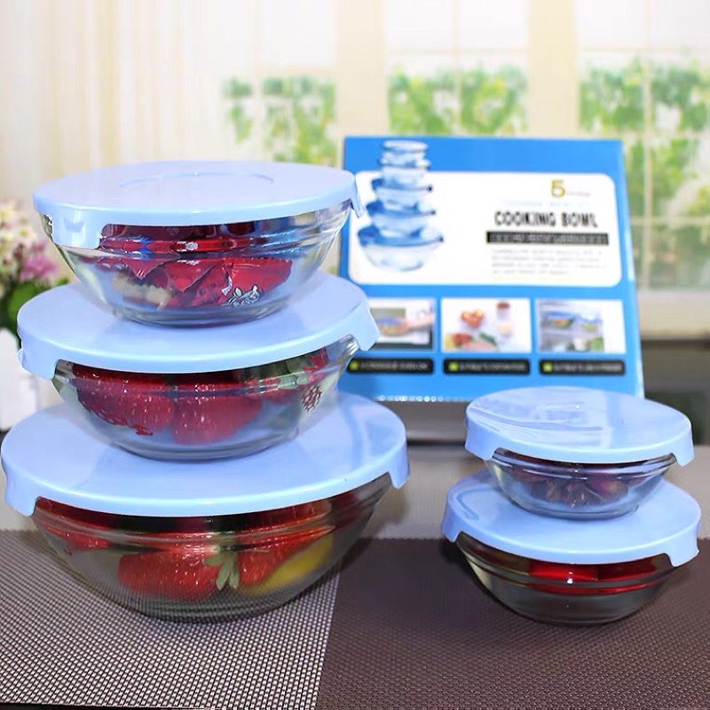 Bộ 5 Bát Thuỷ Tinh Kèm Nắp Đậy, Chịu Được Nhiệt Lò Vi Sóng - Tiện Dụng, Đẹp Mắt