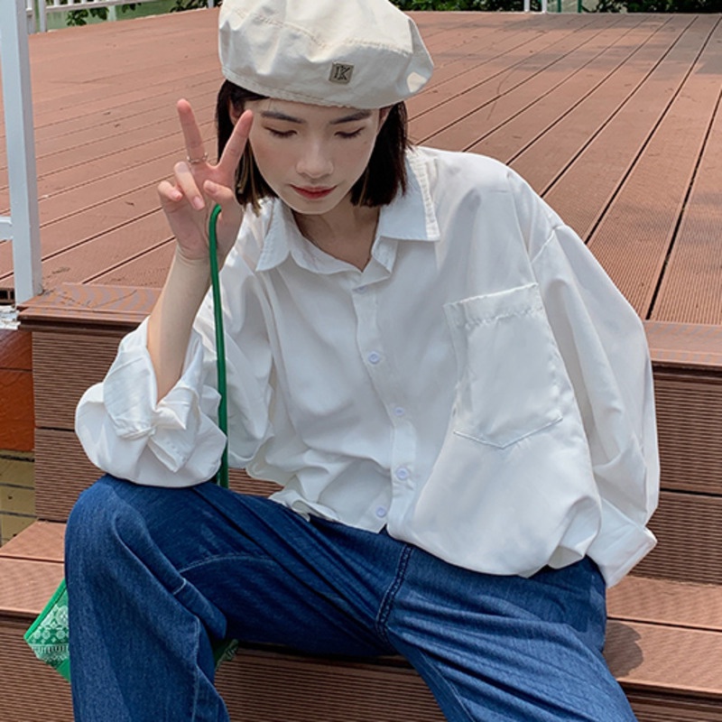 Áo Sơ Mi Tay Dài Màu Trơn Đơn Giản Thời Trang Hàn Quốc Dành Cho Nữ