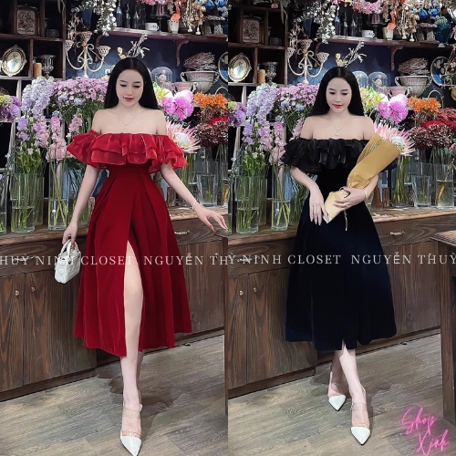Váy Đầm Nhung Trễ Vai Bèo Ngực Dáng Dài Xẻ Đùi Phong Cách Hàn Quốc