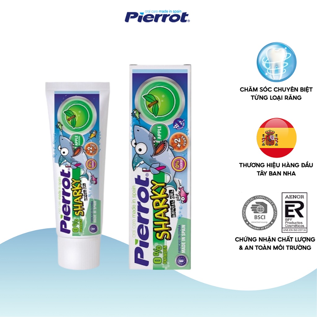 Kem Đánh Răng Trẻ Em Hương Táo PIERROT Sharky Chứa Calci Hữu Cơ 75ML Cho Bé Từ 2 Tuổi Trở Lên