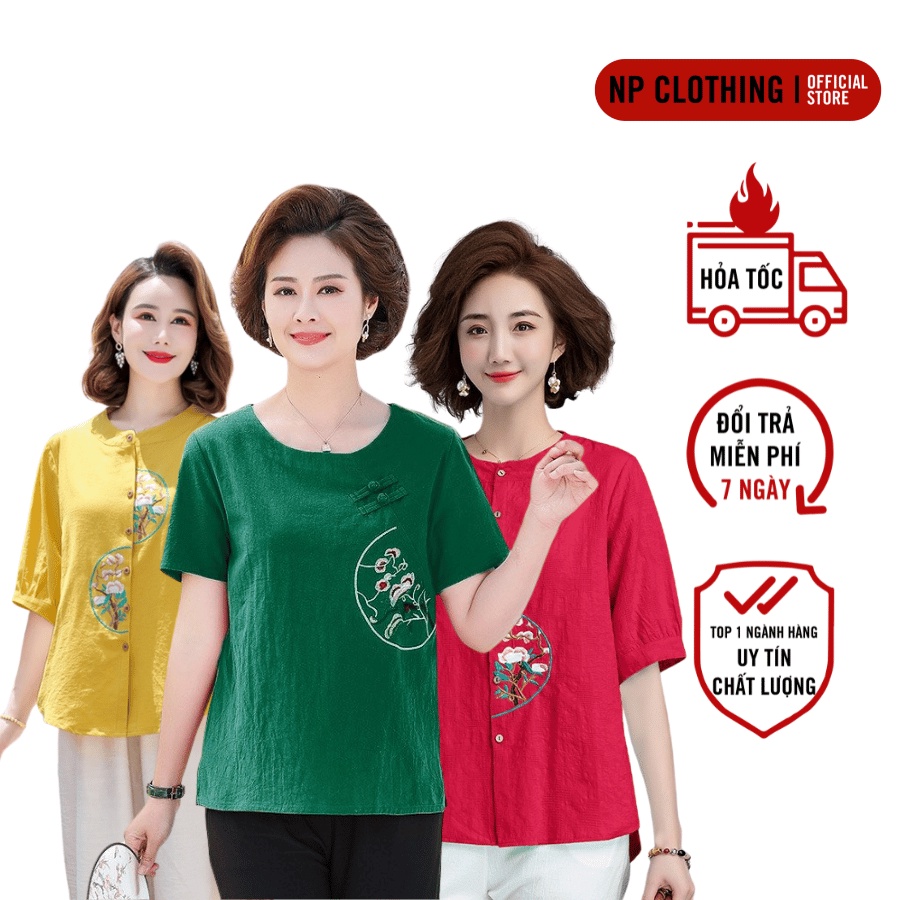 Áo Trung Niên Nữ, Mẫu Áo Đũi Thêu Tặng Mẹ Trung Tuổi Họa Tiết Thanh Lịch Mát Mẻ | Thời Trang Trung Niên NP Clothing