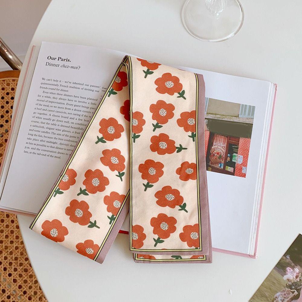 Khăn Choàng Cổ Dài Vải Lụa Satin In Họa Tiết Hoa Đơn Giản Phong Cách Hàn Quốc