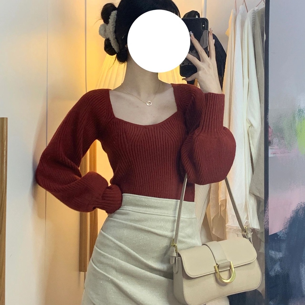 Áo dệt kim SUXI tay dài cổ vuông màu sắc thanh lịch thời trang thu đông cho nữ