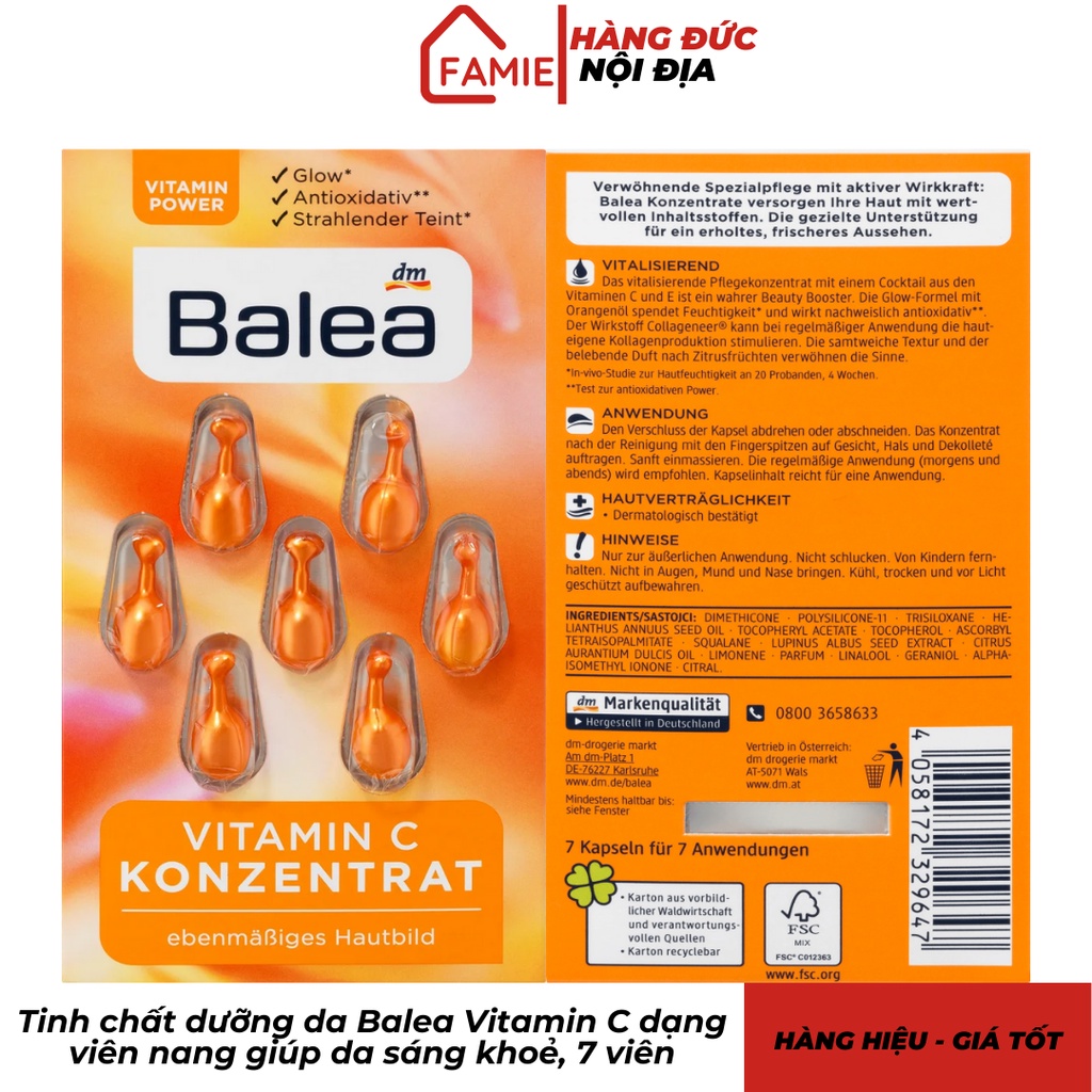 Tinh chất dưỡng da Balea Vitamin C dạng viên nang giúp da sáng khoẻ, 7 viên - Hàng Đức