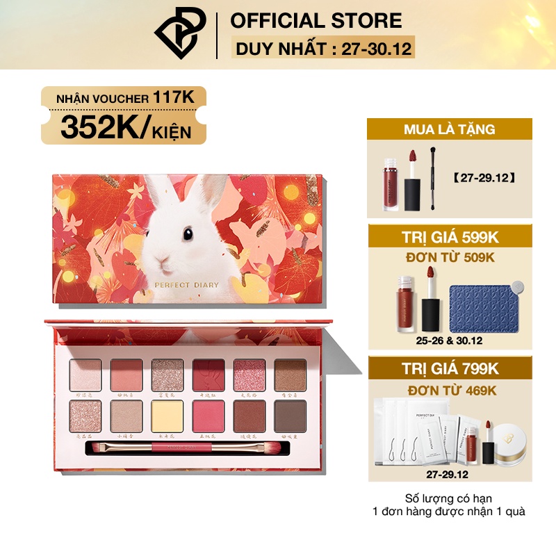 Bảng phấn mắt PERFECT DIARY 12 màu sắc hiệu ứng ánh nhũ lấp lánh 14g kèm cọ trang điểm