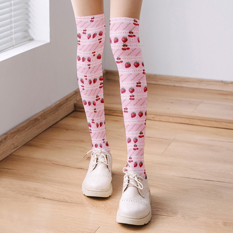 Vớ Dài Qua Gối In Họa Tiết Trái Dâu Phối Ren Phong Cách Lolita Nhật Bản Cho Nữ