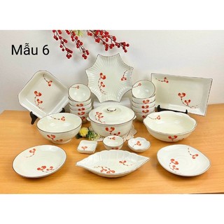 Bộ bát đĩa men kem vẽ hoa đào đỏ.Hàng gốm sứ Bát Tràng.