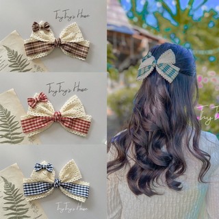 Kẹp tóc nơ ren phối caro vintage nhiều màu