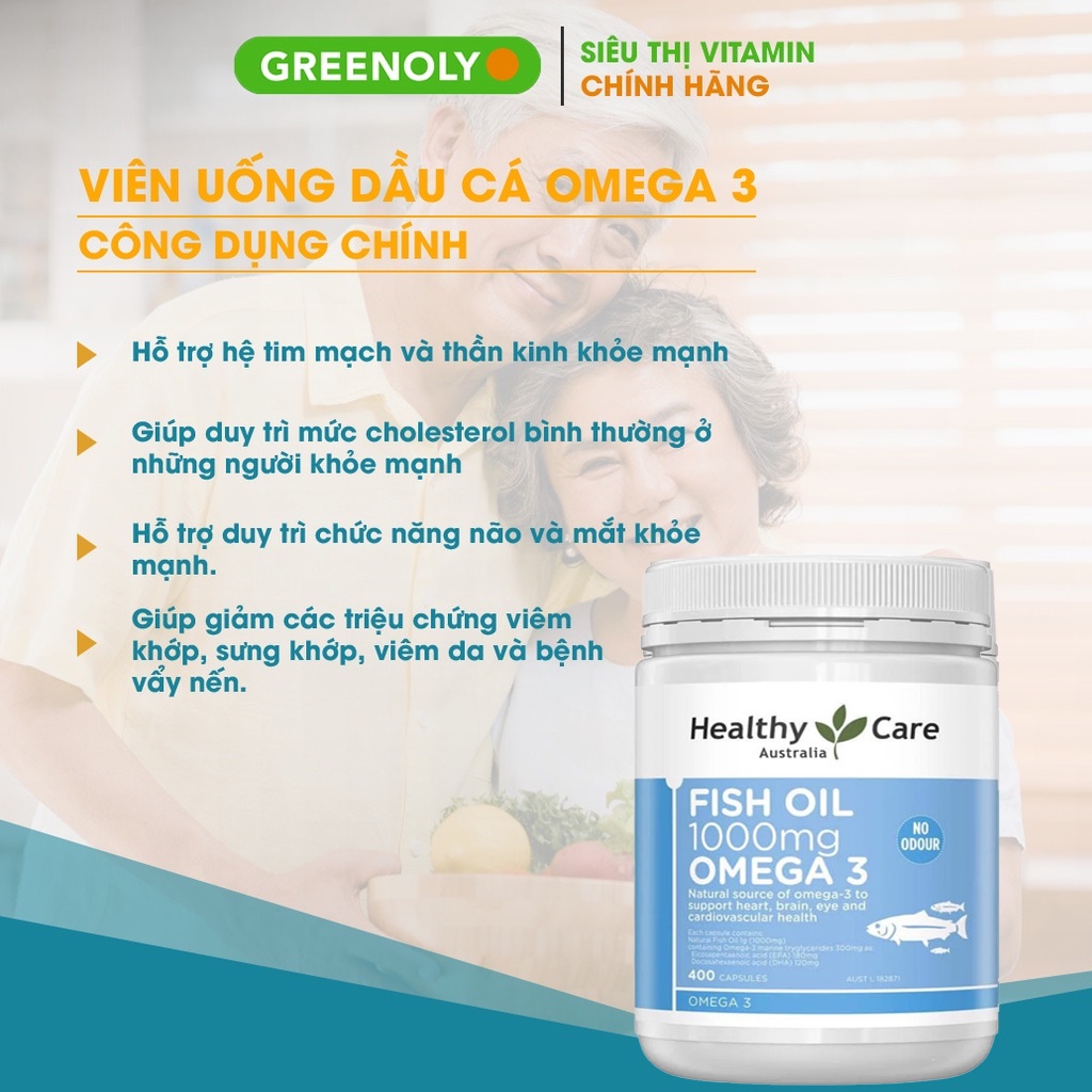 Dầu Cá Omega 3 Fish Oil Healthy Care 1000mg Tốt Cho Thị Lực Xương Khớp Tim Mạch Hộp 400 Viên