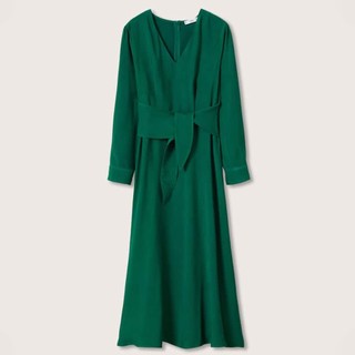Auth Đầm Midi Xanh Cổ Chữ V Thắt Nơ Eo Đầm Công Sở Đi Làm Dự tiệc Trung niên Thời trang thiết kế Sim Fashion