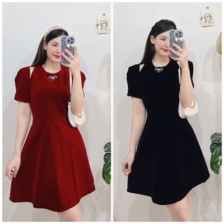 Đầm thiết kế nhung xử vai đính nơ đá