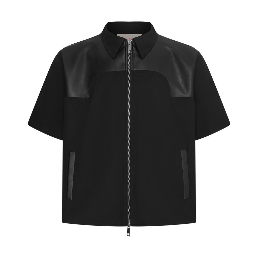 Áo Sơmi Khaki khoá Zip, màu đen, phối da | KAC MIX L BOXY ZIP SHIRT
