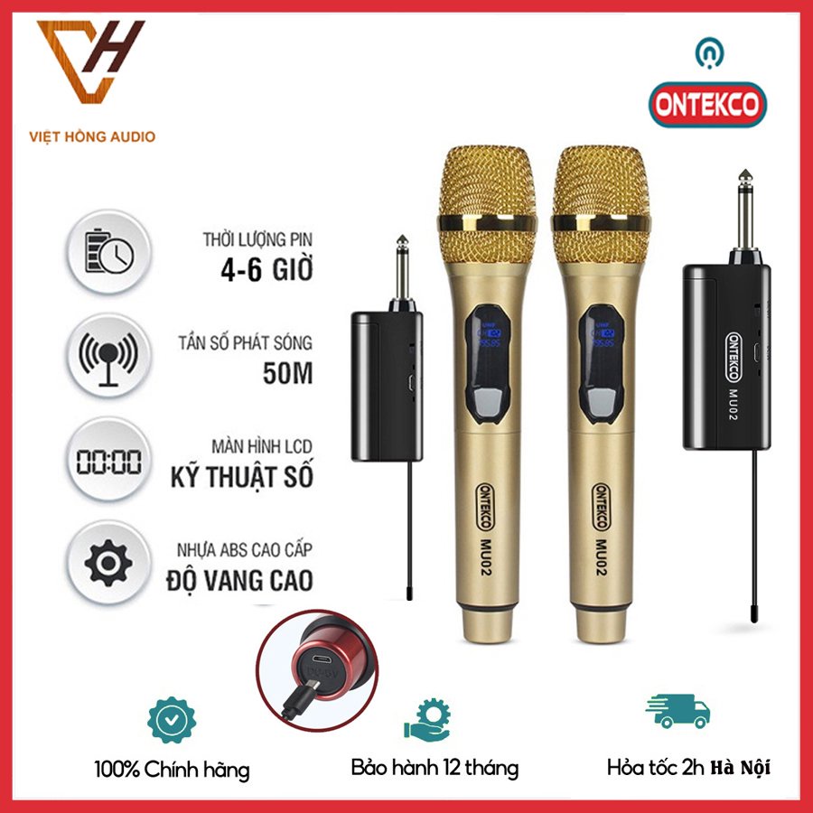 Bộ 2 micro không dây ONTEKCO MU02 pin sạc, Màu vàng gold cao cấp, hát karaoke gia đình chuyên nghiệp