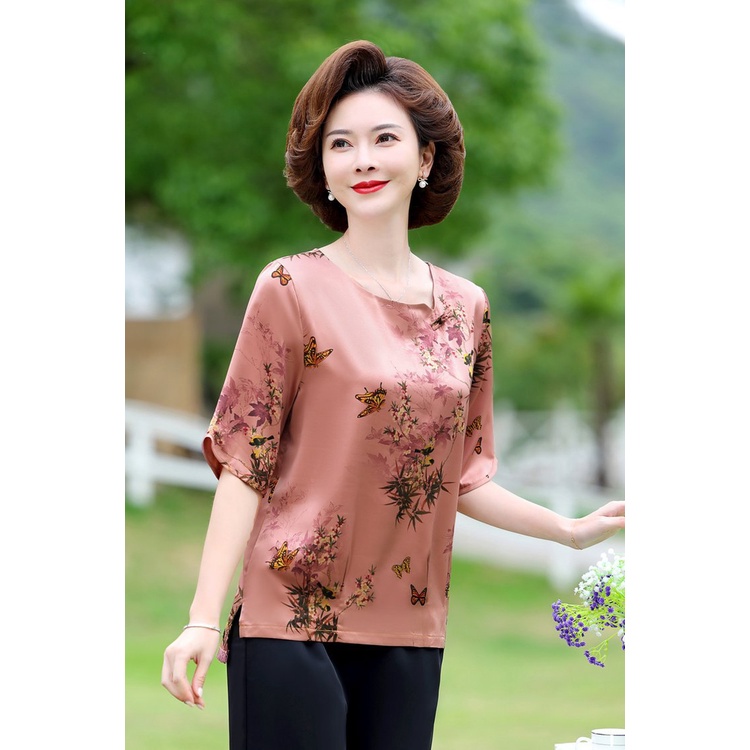 Áo Lụa trung niên cho mẹ, họa tiết hoa, Hàng Quảng Châu cao cấp V'vie Ladies #A07