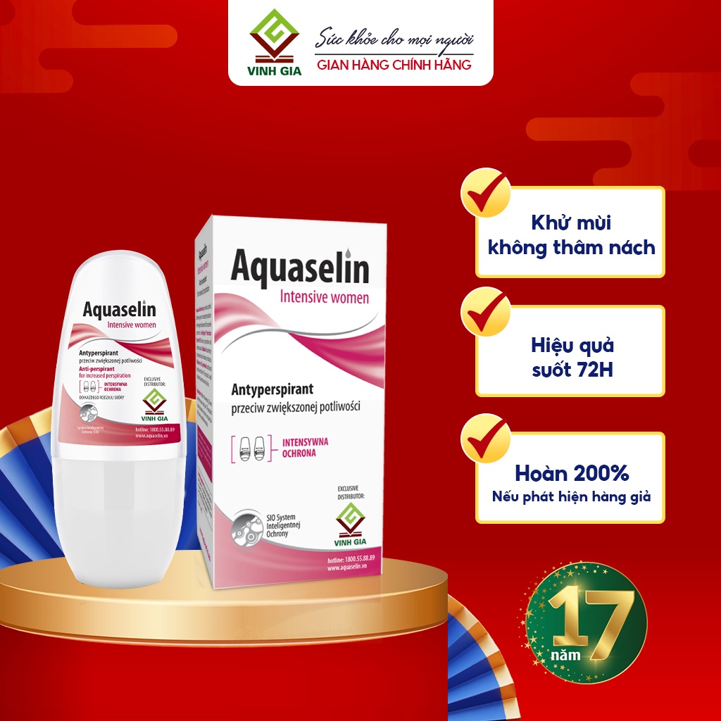 Lăn Khử Mùi Dành Cho Nữ AQUASELIN Intensive Women Giảm Mồ Hôi, Không Ố Vàng Áo, Khô Thoáng, Dưỡng Ẩm 50ml