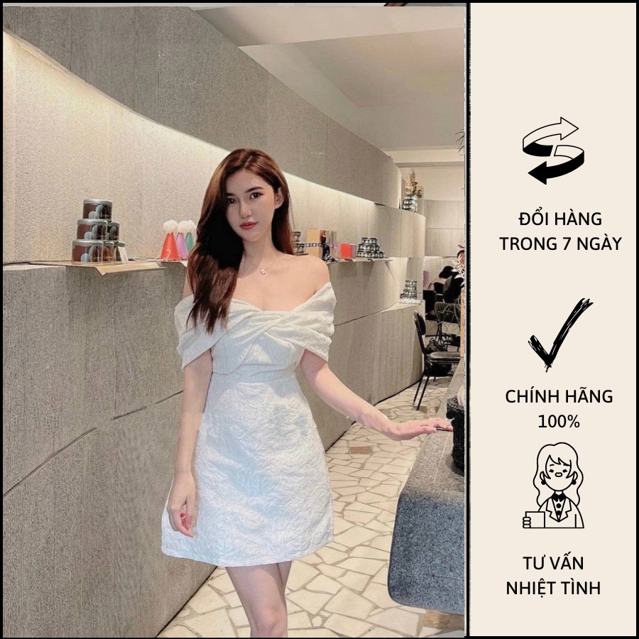 Đầm Gấm Trắng Trễ Vai Nơ Xoắn Ngực - T0610 Copines
