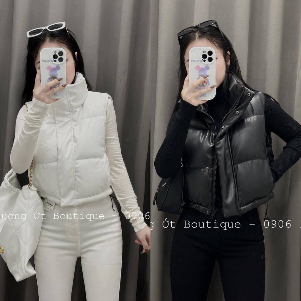 Áo gile phao da dáng lửng bo chun gấu chất da lì mềm - Áo gile da nữ