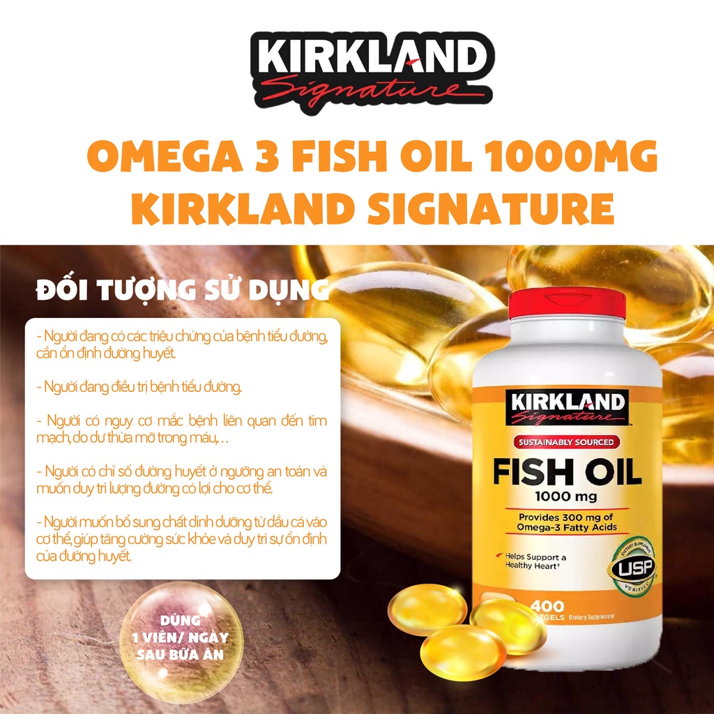Dầu cá Kirkland Signature 1000mg 400 viên giúp bảo vệ mắt, tăng cường thị lực và hỗ trợ tim mạch