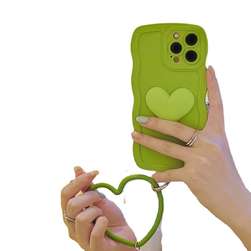 Ốp Điện Thoại Họa Tiết Trái Tim Màu Xanh Lá Thời Trang Gắn Dây Đeo Cho iPhone12promax xs13xr 11