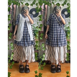 Đầm caro dáng babydoll phối chân váy