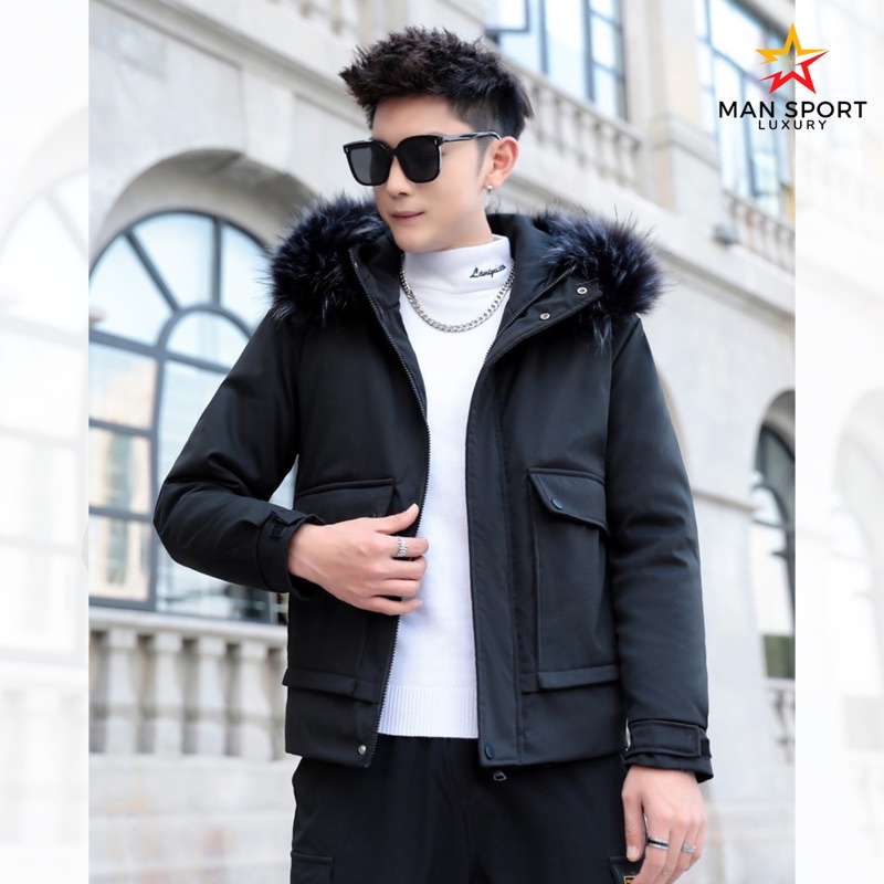 Áo phao parka nam lót lông , áo khoác phao dáng ngắn mũ lông màu đen M036