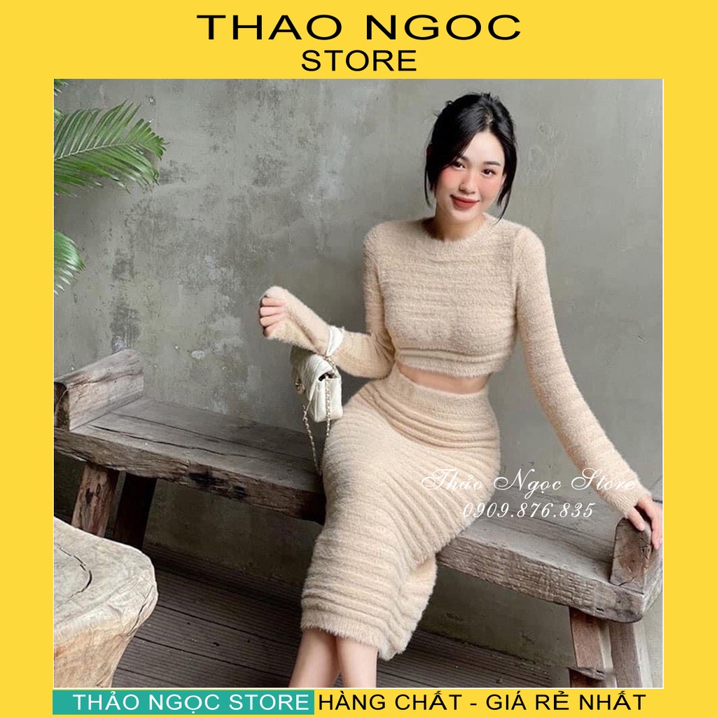Set áo len croptop lông thỏ chân váy xẻ hàng chuẩn QC! (Hình Thật)
