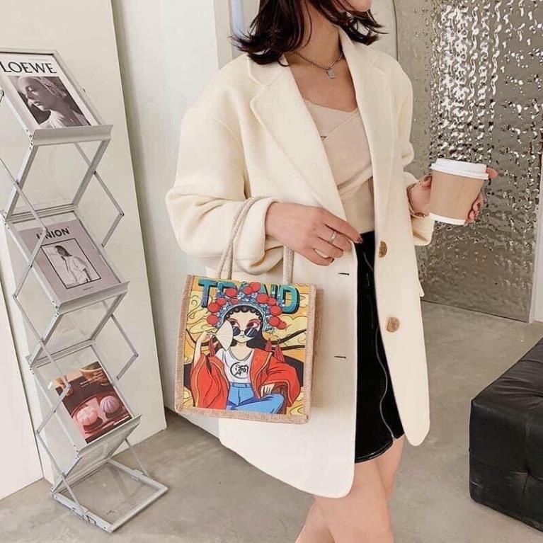 Túi Cói Phong Cách Vintage In Hình .Túi Vải Mini Thời Trang - Có Khóa Kéo