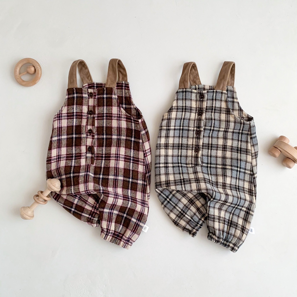 Bộ Áo Liền Quần Họa Tiết Sọc Caro Phong Cách Vintage Anh Quốc Cho Bé 0-2 Tuổi