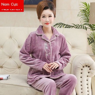 Bộ đồ ngủ flannel của mẹ trung niên mùa thu đông của phụ nữ, bộ quần áo mặc nhà ấm áp bằng lông cừu san hô dày