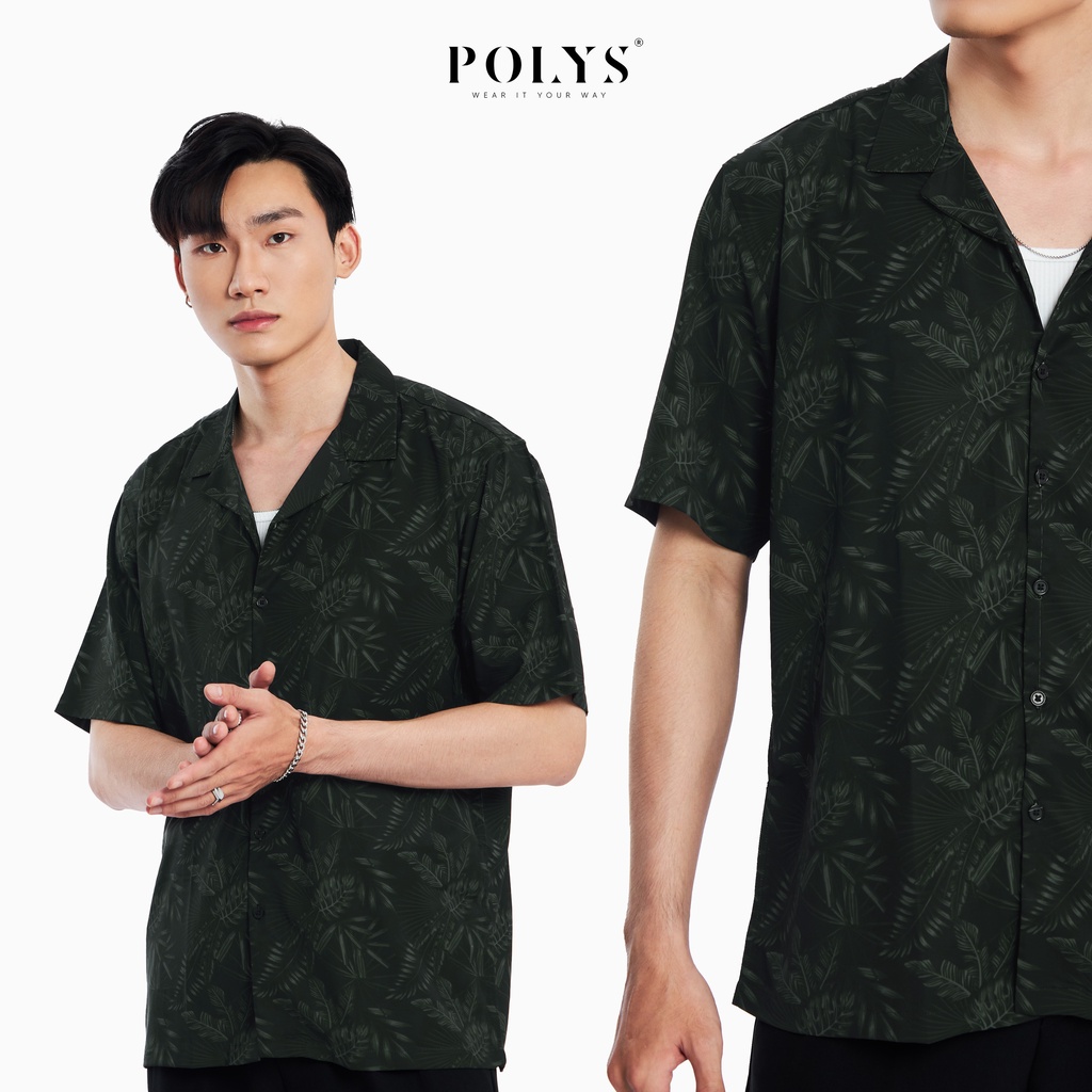 Áo sơ mi nam POLYS Fullbox, Vải Lụa co giãn 4 chiều, mềm mịn, thoáng khí. Áo sơ mi tay ngắn họa tiết BLACK VINTAGE