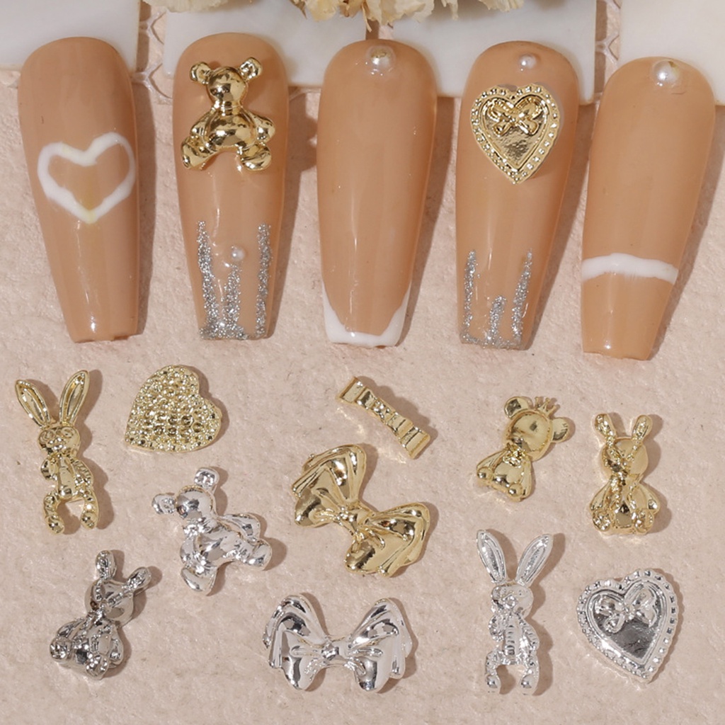 [beautymart] Set 10 Phụ Kiện Trang Trí Móng Tay Nghệ Thuật Hình Gấu Nơ Trái Tim Ba Chiều Không Rơi Bằng Hợp Kim