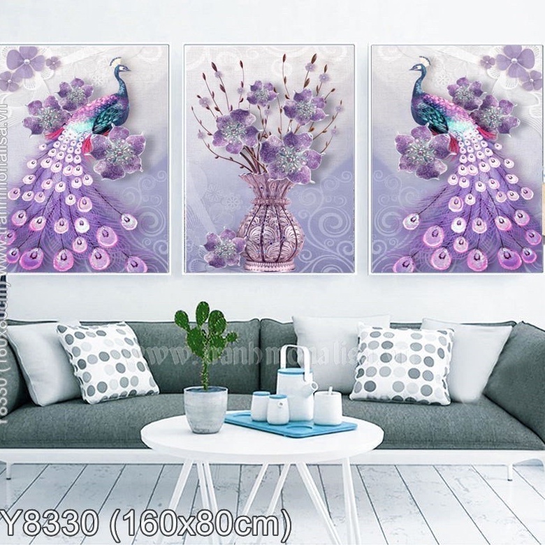 Tranh Đính Đá Bộ 3 Công -Vs500(155*75) - Tranh Thêu Mn0185(160*80)