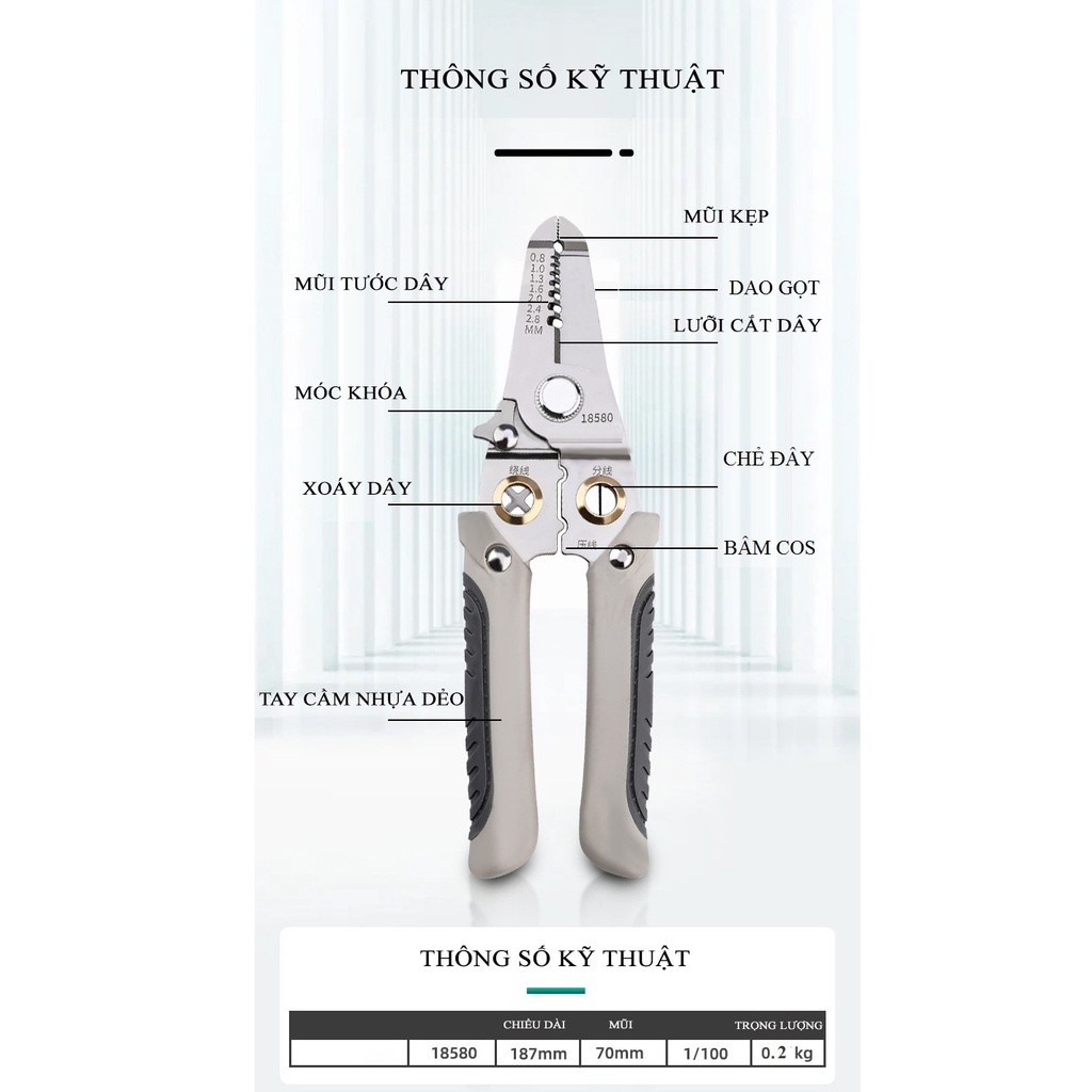 Kìm điện có dao gọt, cắt, tuốt, chẻ , bấm cos, dây điện đa năng cho thợ điện 9 trong 1 , xuất Nhật