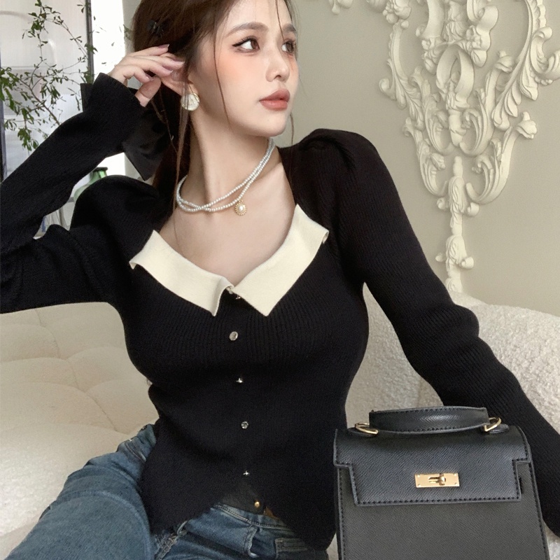 Áo Dệt Kim Tay Phồng Dài Cổ Vuông Màu Sắc Độc Đáo Dễ Phối Đồ