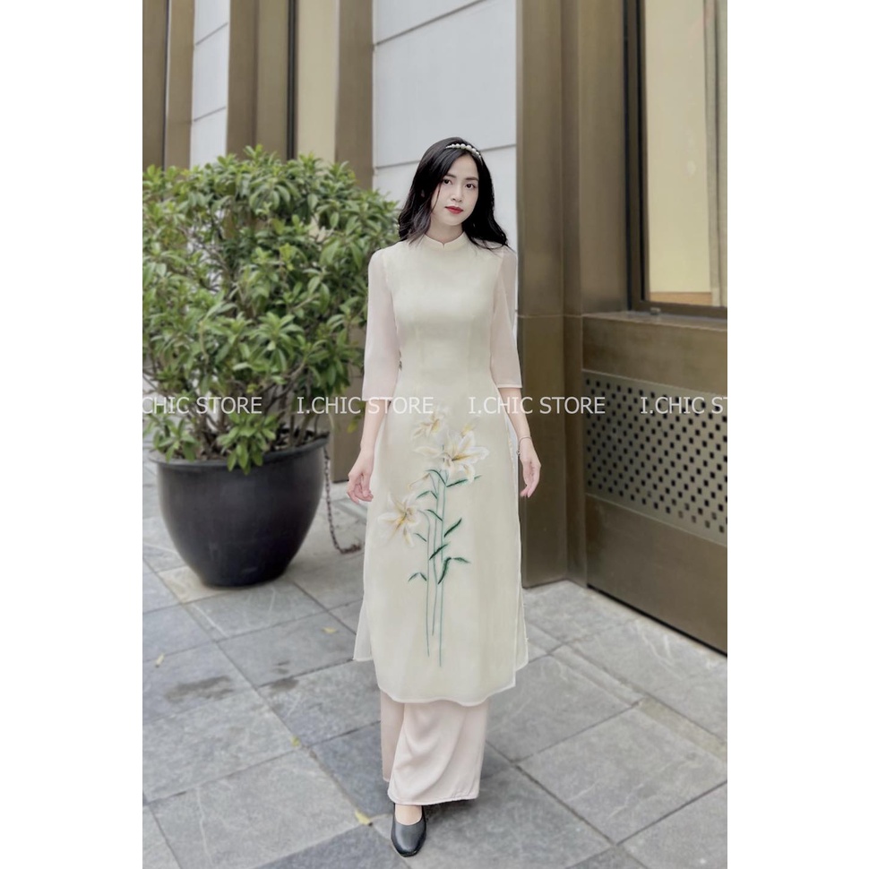 ICHIC - Áo Dài Cách Tân Thêu Hoa Ly tơ nhăn cao cấp - ẢNH TỰ CHỤP