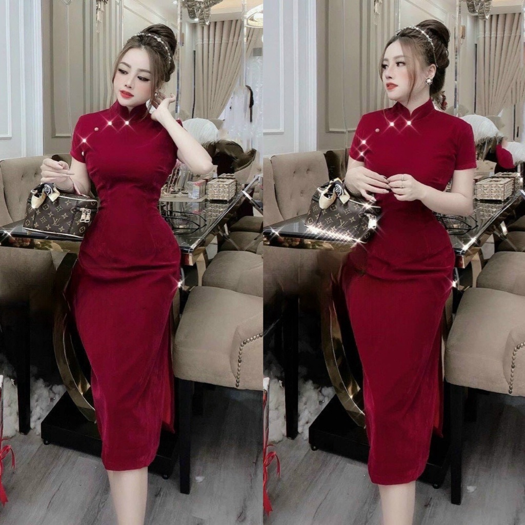 Đầm Váy Nữ Chất Vải Nhung Cứng Ôm Body Sườn Xám Cổ Tàu Đính Cườm Xẻ Tà Thiết Kế Sang Chảnh Đi Làm Công Sở, Dạ Hội