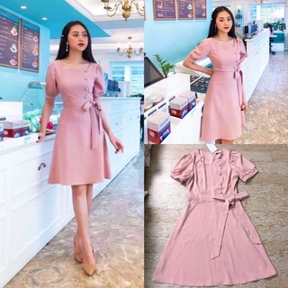 Đầm thiết kế cổ vuông khuy bọc nơ eo sang chảnh