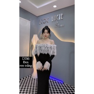 D216 - Đầm body bẹt vai phối ren