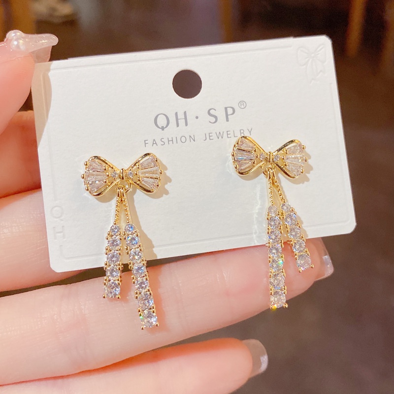 1 Đôi Bông Tai Dài Hình Nơ Tua Rua Đính Đá Zircon Màu Sắc Đơn Giản Dành Cho Nữ