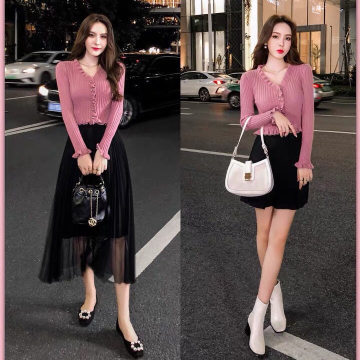 [Giao Ngay] Áo Sweater Dệt Kim Ngắn Tay Dài Dáng Ôm Màu Hồng Cá Tính Phong Cách Mới Thu Đông Cho Nữ