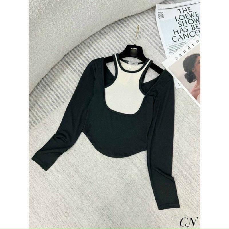 Áo kiểu nữ dài tay vạt bầu phối yếm siêu xinh- Ringu shop